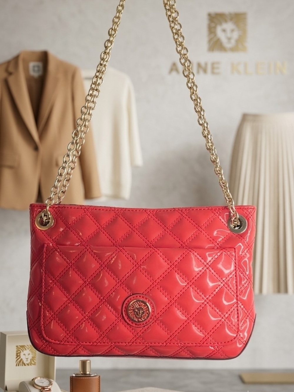Anne Klein Coral-Red Quilted Patent Shoulder Bag with Gold Chain